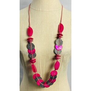 Handmade Fuchsia Pink Boho Necklace Long 42” Adjustable